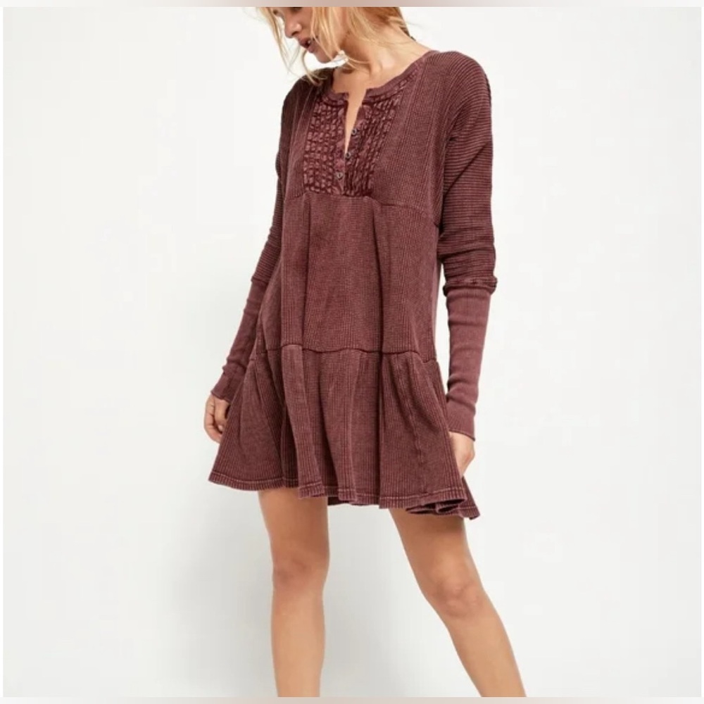 Free People FP One Jolene Henley Tiered Mini Dress Wine